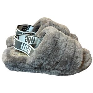 UGG Size 8 Fluff Yeah Slide Charcoal Slippers - Women's Gray Fur Sandals Comfy
